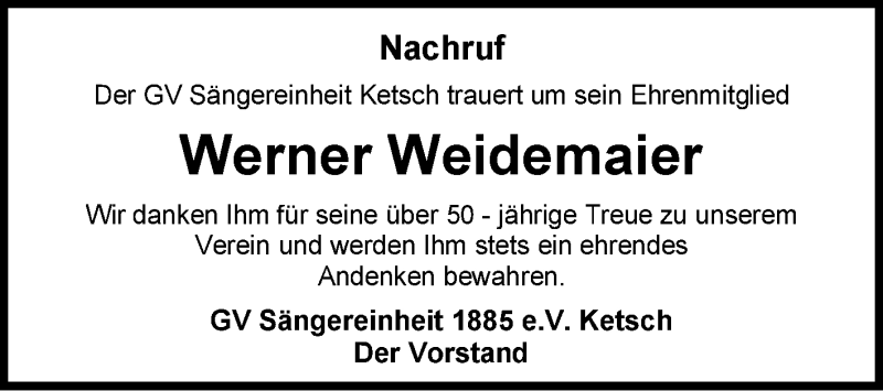  Traueranzeige für Werner Weidemaier vom 22.02.2018 aus Schwetzinger Zeitung