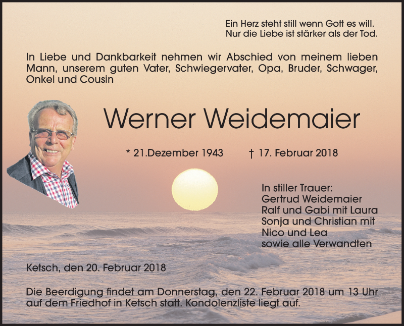  Traueranzeige für Werner Weidemaier vom 20.02.2018 aus Schwetzinger Zeitung