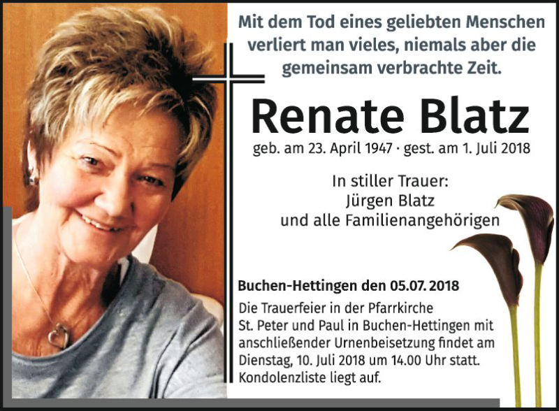  Traueranzeige für Renate Blatz vom 06.07.2018 aus Fränkische Nachrichten
