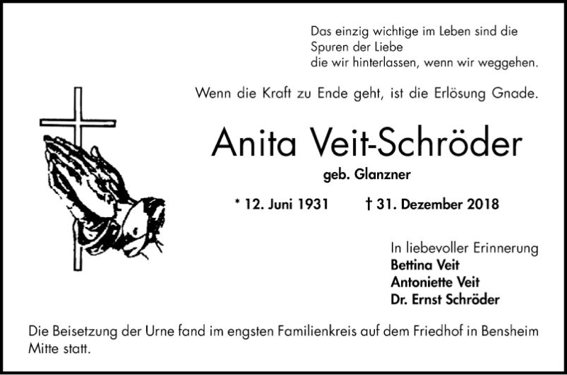  Traueranzeige für Anita Veit-Schröder vom 19.01.2019 aus Bergsträßer Anzeiger