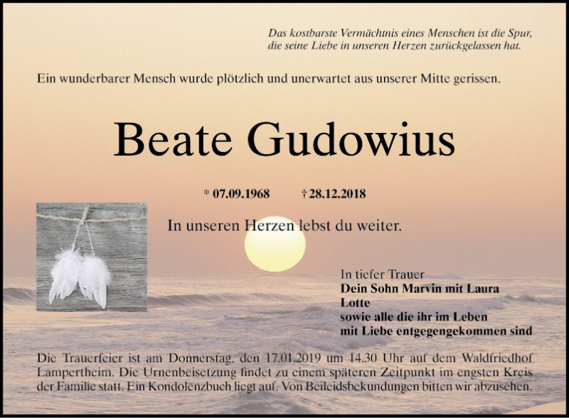  Traueranzeige für Beate Gudowius vom 15.01.2019 aus Südhessen Morgen