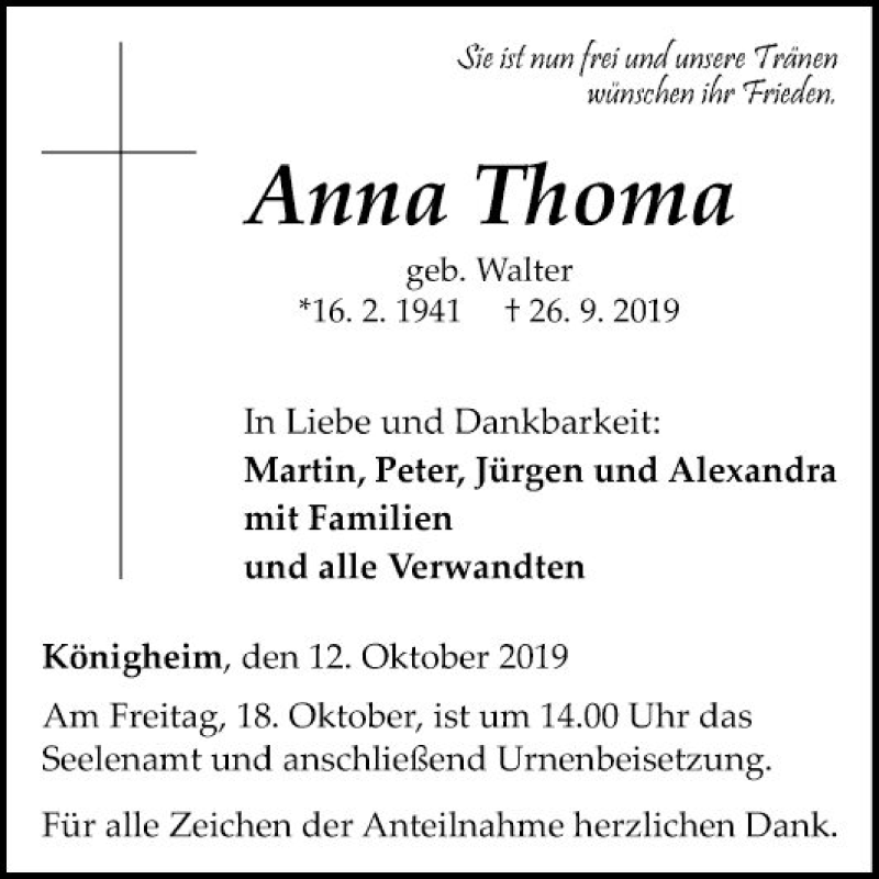  Traueranzeige für Anna Thoma vom 12.10.2019 aus Fränkische Nachrichten