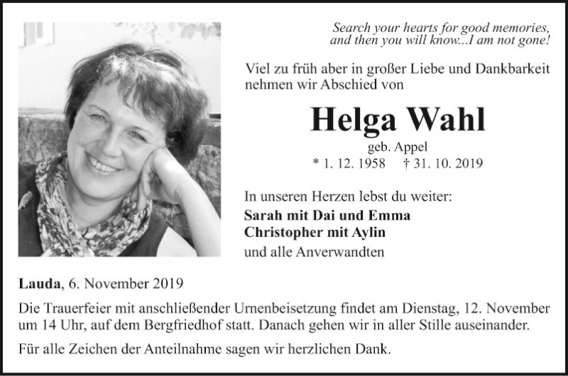  Traueranzeige für Helga Wahl vom 06.11.2019 aus Fränkische Nachrichten