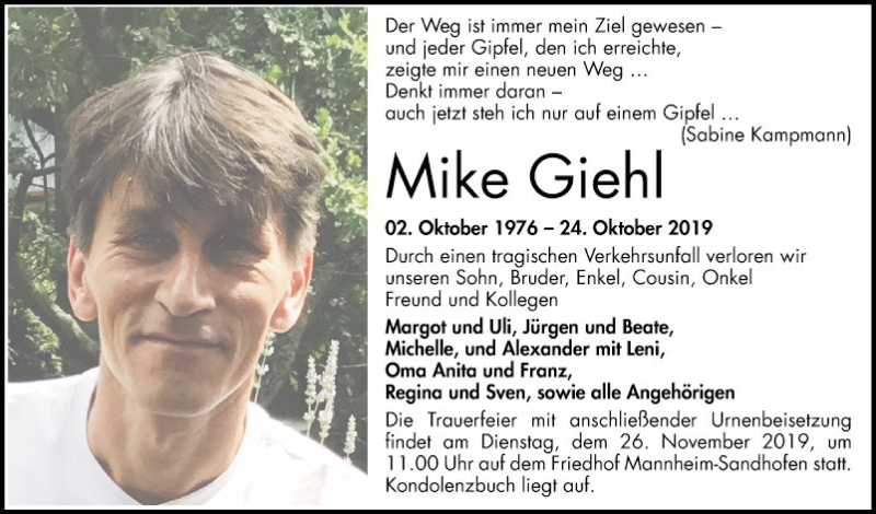  Traueranzeige für Mike Giehl vom 23.11.2019 aus Mannheimer Morgen