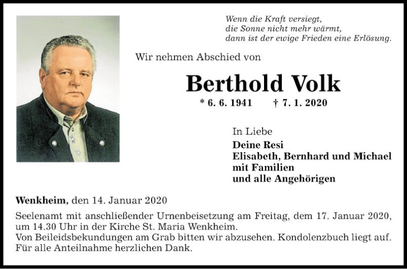  Traueranzeige für Berthold Volk vom 14.01.2020 aus Fränkische Nachrichten