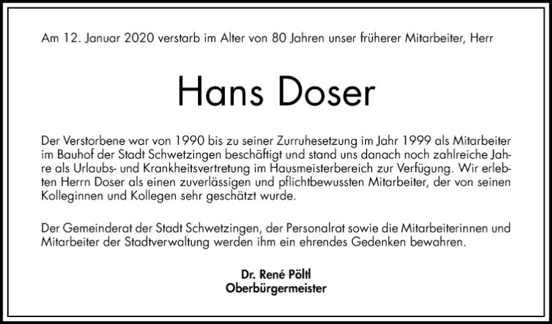  Traueranzeige für Hans Doser vom 18.01.2020 aus Schwetzinger Zeitung