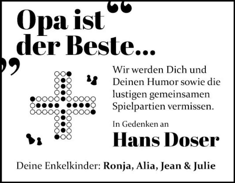  Traueranzeige für Hans Doser vom 18.01.2020 aus Schwetzinger Zeitung