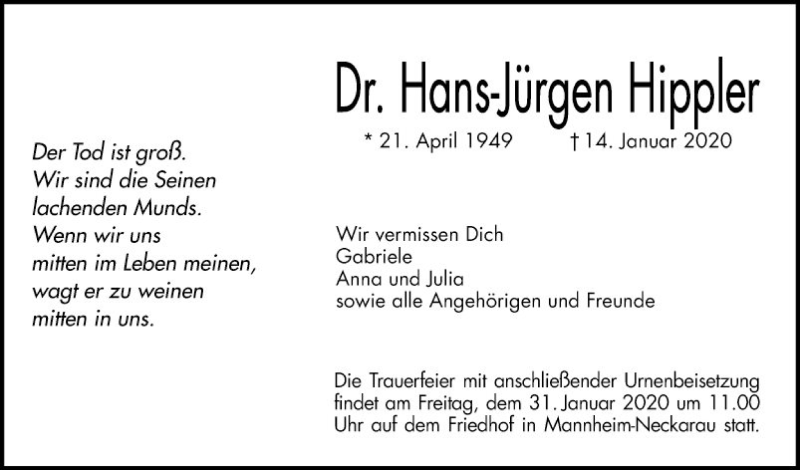  Traueranzeige für Hans-Jürgen Hippler vom 18.01.2020 aus Mannheimer Morgen