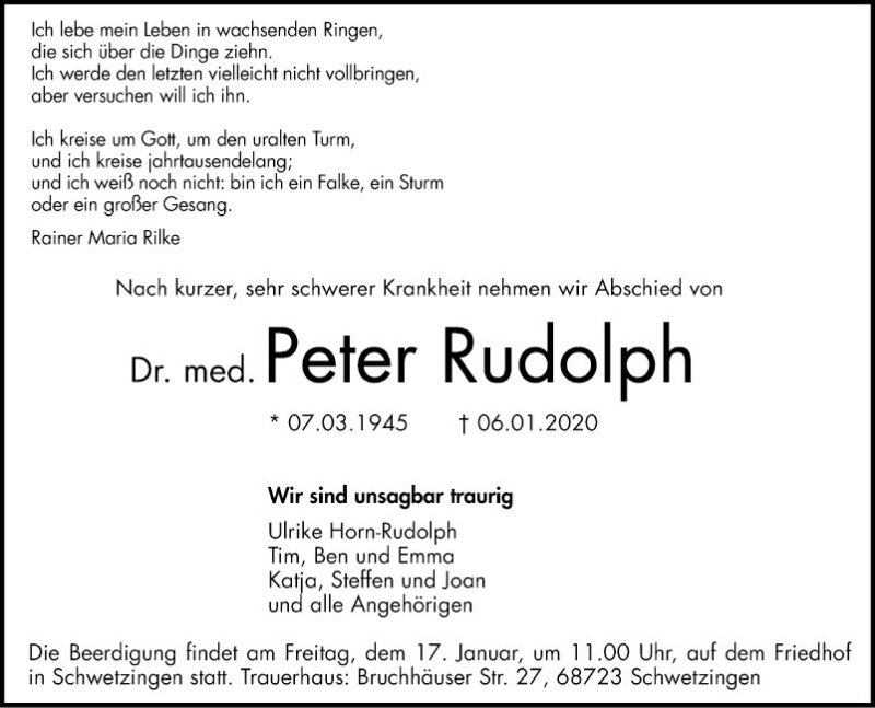  Traueranzeige für Peter Rudolph vom 11.01.2020 aus Schwetzinger Zeitung