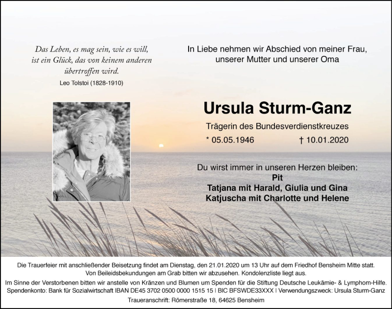  Traueranzeige für Ursula Sturm - Ganz vom 18.01.2020 aus Bergsträßer Anzeiger