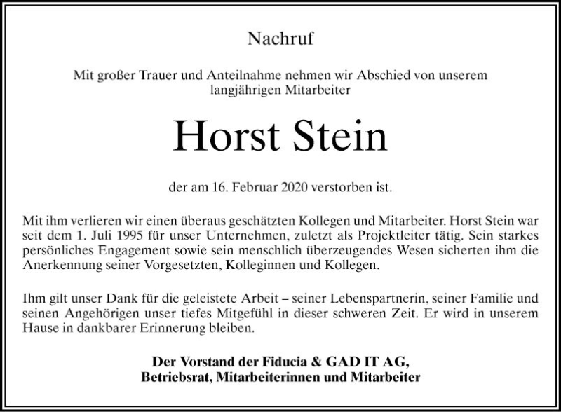  Traueranzeige für Horst Stein vom 19.02.2020 aus Schwetzinger Zeitung