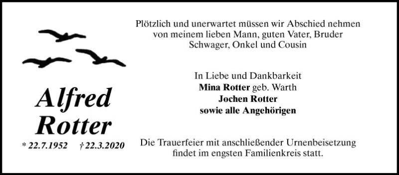  Traueranzeige für Alfred Rotter vom 28.03.2020 aus Schwetzinger Zeitung