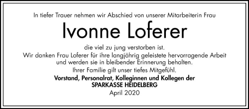  Traueranzeige für Ivonne Loferer vom 04.04.2020 aus Mannheimer Morgen