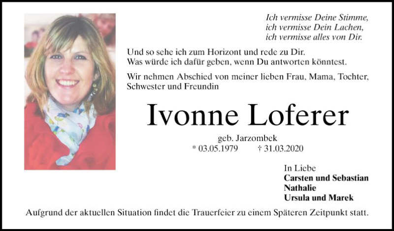  Traueranzeige für Ivonne Loferer vom 04.04.2020 aus Mannheimer Morgen