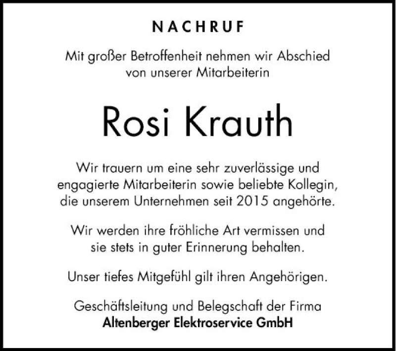  Traueranzeige für Rosi Krauth vom 08.04.2020 aus Schwetzinger Zeitung