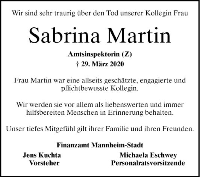  Traueranzeige für Sabrina Martin vom 08.04.2020 aus Mannheimer Morgen