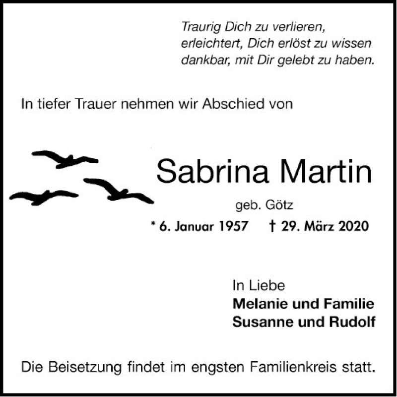  Traueranzeige für Sabrina Martin vom 04.04.2020 aus Mannheimer Morgen