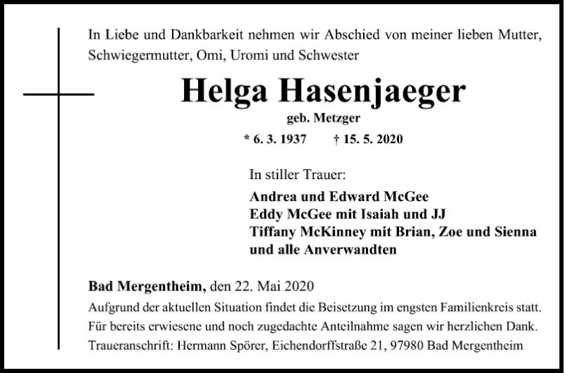  Traueranzeige für Helga Hasenjaeger vom 22.05.2020 aus Fränkische Nachrichten