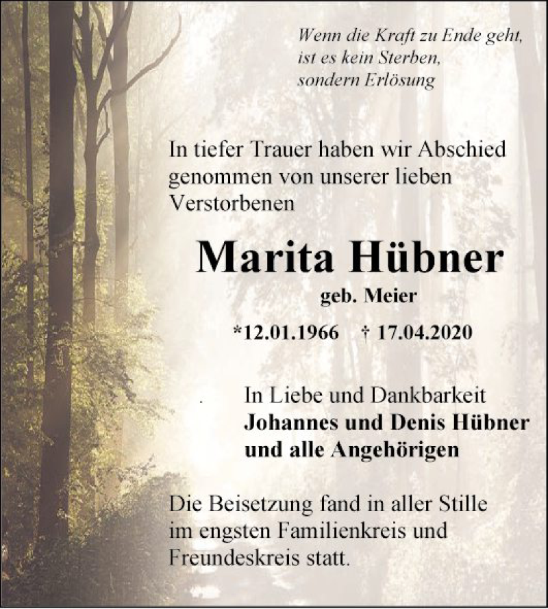  Traueranzeige für Marita Hübner vom 09.05.2020 aus Bergsträßer Anzeiger