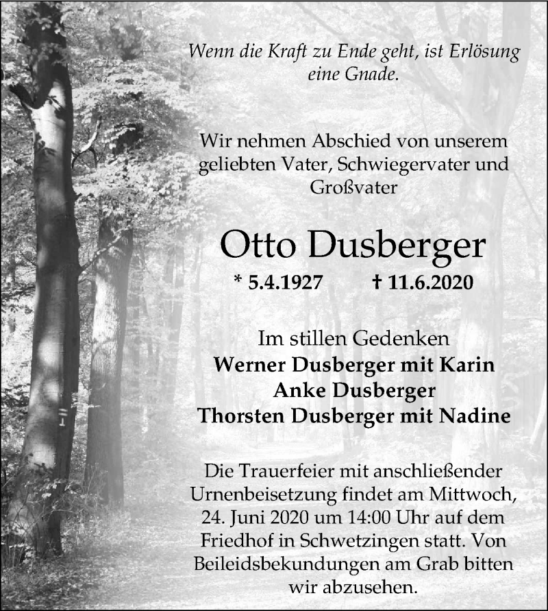 Traueranzeige für Otto Dusberger vom 17.06.2020 aus Schwetzinger Zeitung