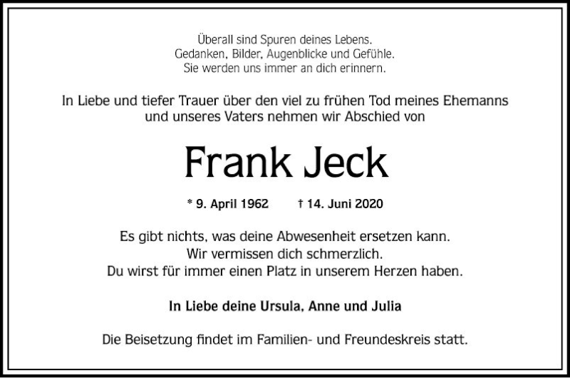 Traueranzeige für Frank Jeck vom 27.06.2020 aus Mannheimer Morgen