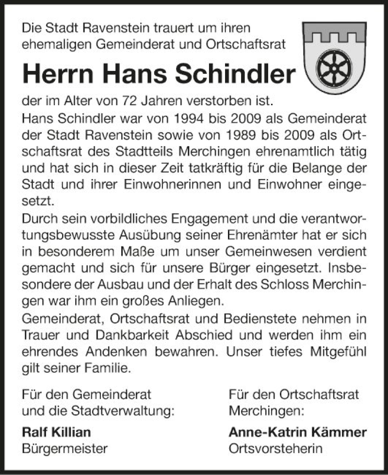  Traueranzeige für Hans Schindler vom 01.07.2020 aus Fränkische Nachrichten