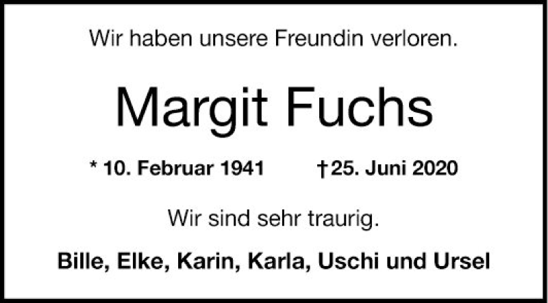  Traueranzeige für Margit Fuchs vom 27.06.2020 aus Mannheimer Morgen