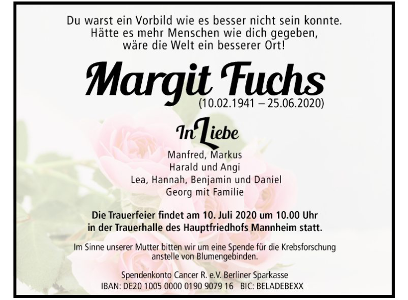  Traueranzeige für Margit Fuchs vom 27.06.2020 aus Mannheimer Morgen