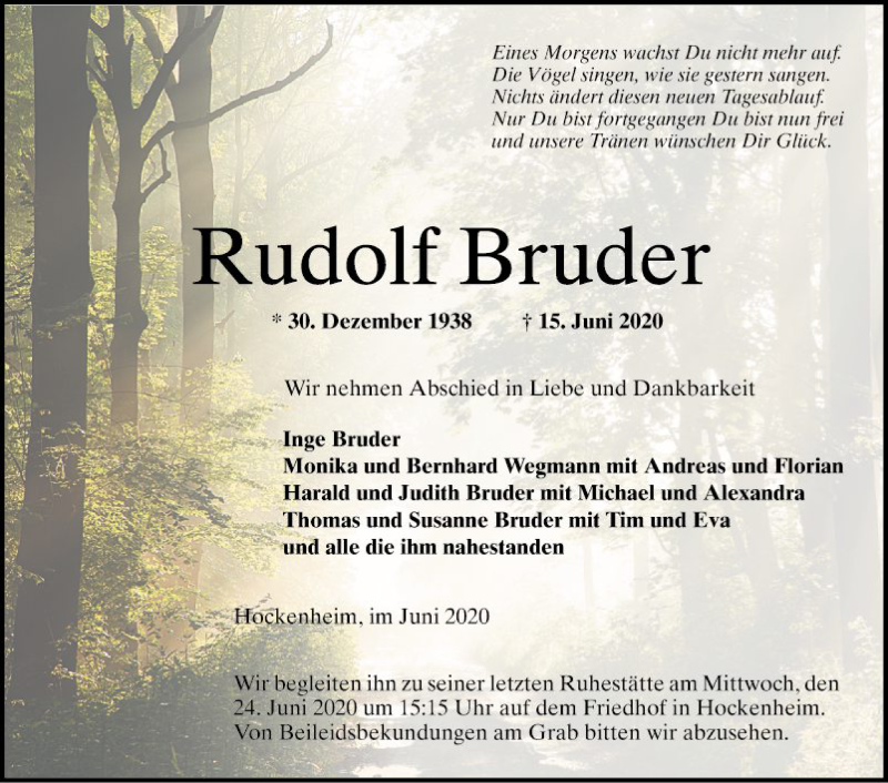  Traueranzeige für Rudolf Bruder vom 19.06.2020 aus Schwetzinger Zeitung