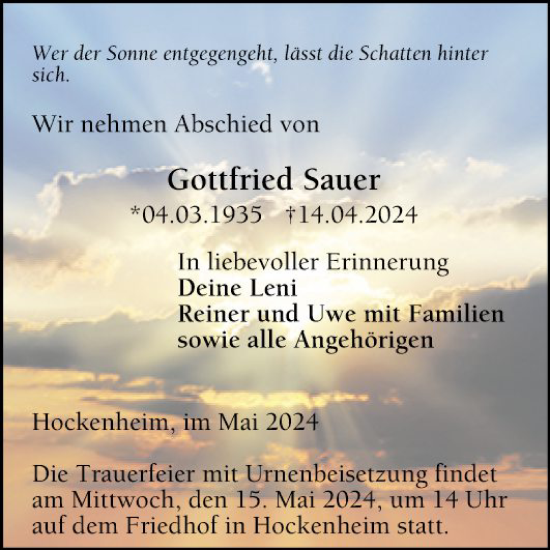 Traueranzeige von Gottfried Sauer von Schwetzinger Zeitung