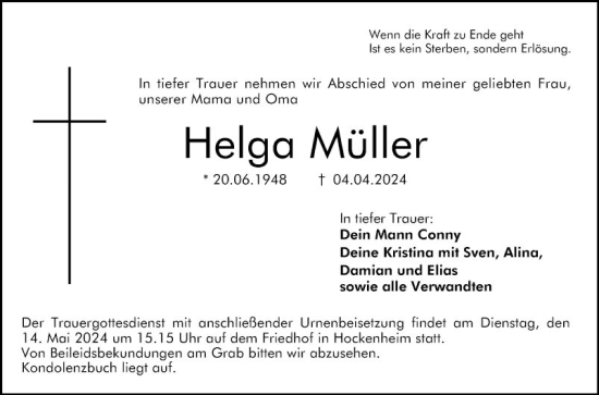 Traueranzeige von Helga Müller von Schwetzinger Zeitung