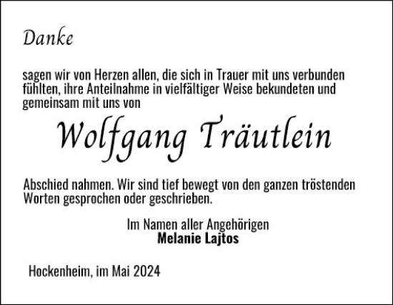 Traueranzeige von Wolfgang Träutlein von Schwetzinger Zeitung