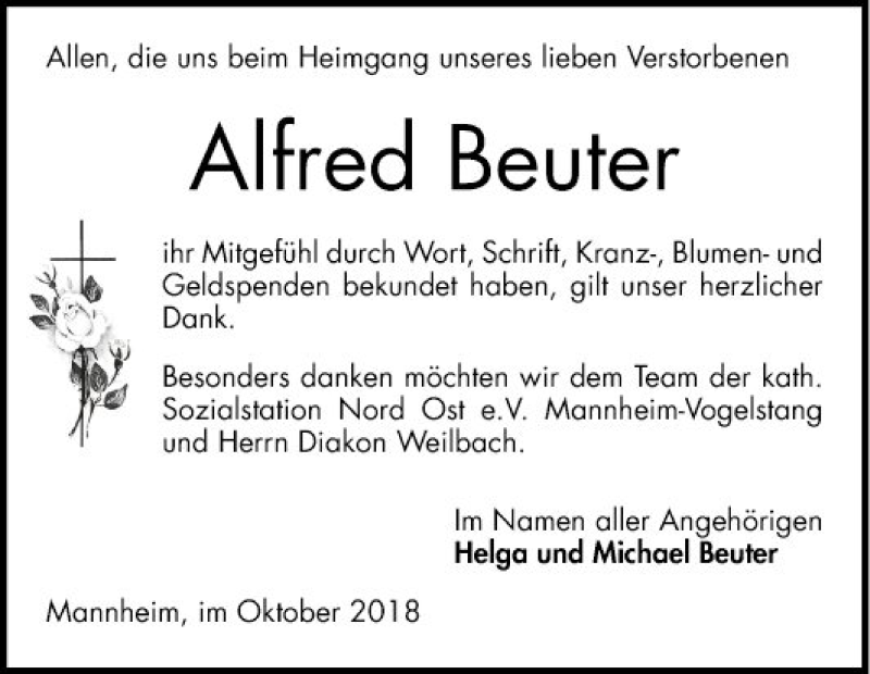  Traueranzeige für Alfred Beuter vom 20.10.2018 aus Mannheimer Morgen