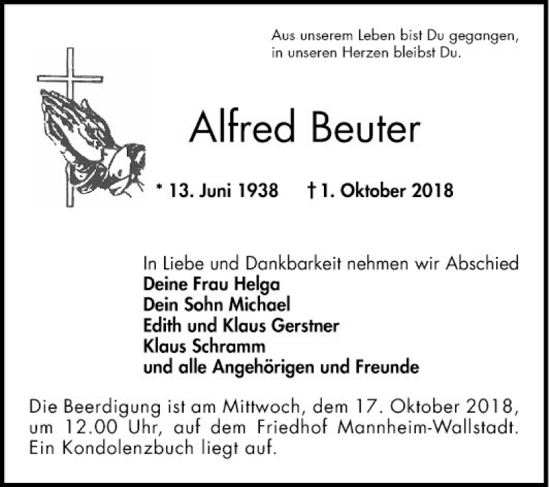  Traueranzeige für Alfred Beuter vom 06.10.2018 aus Mannheimer Morgen