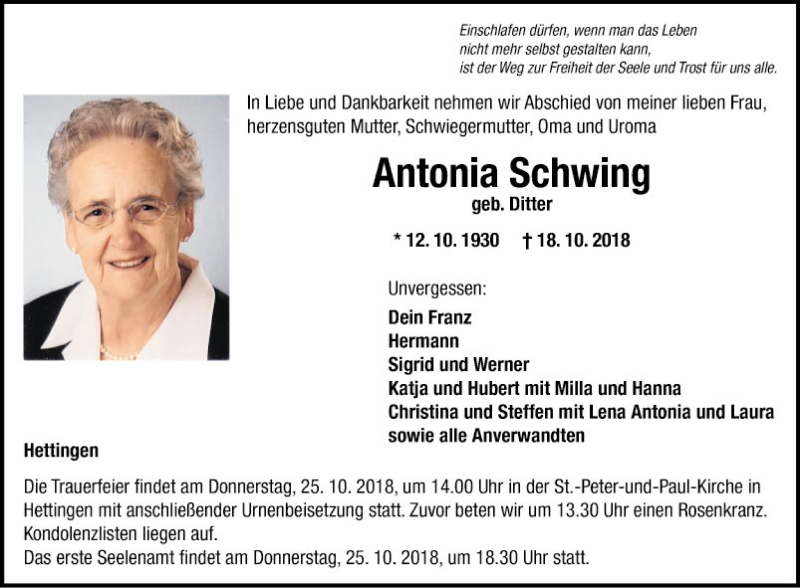  Traueranzeige für Antonia Schwing vom 23.10.2018 aus Fränkische Nachrichten