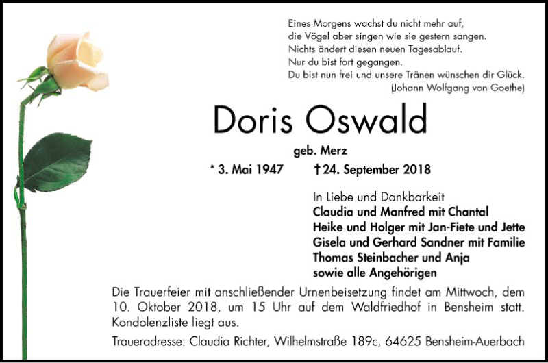  Traueranzeige für Doris Oswald vom 06.10.2018 aus Bergsträßer Anzeiger