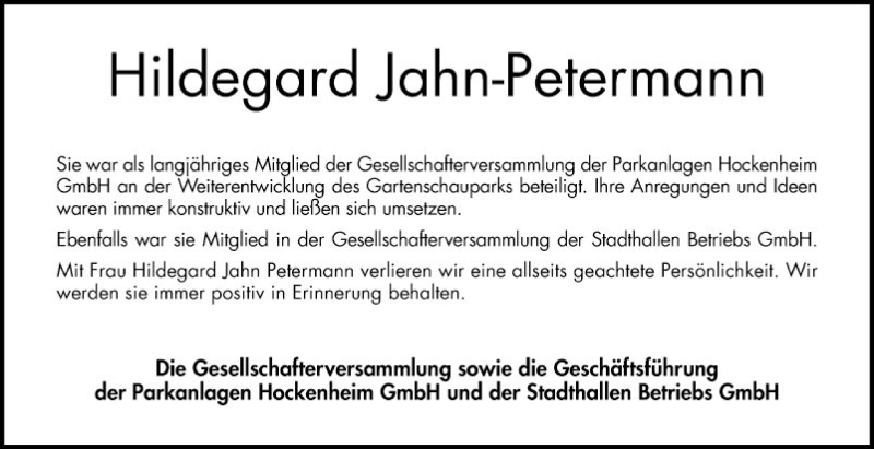  Traueranzeige für Hildegard Jahn-Petermann vom 04.10.2018 aus Schwetzinger Zeitung