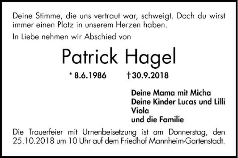  Traueranzeige für Patrick Hagel vom 20.10.2018 aus Mannheimer Morgen