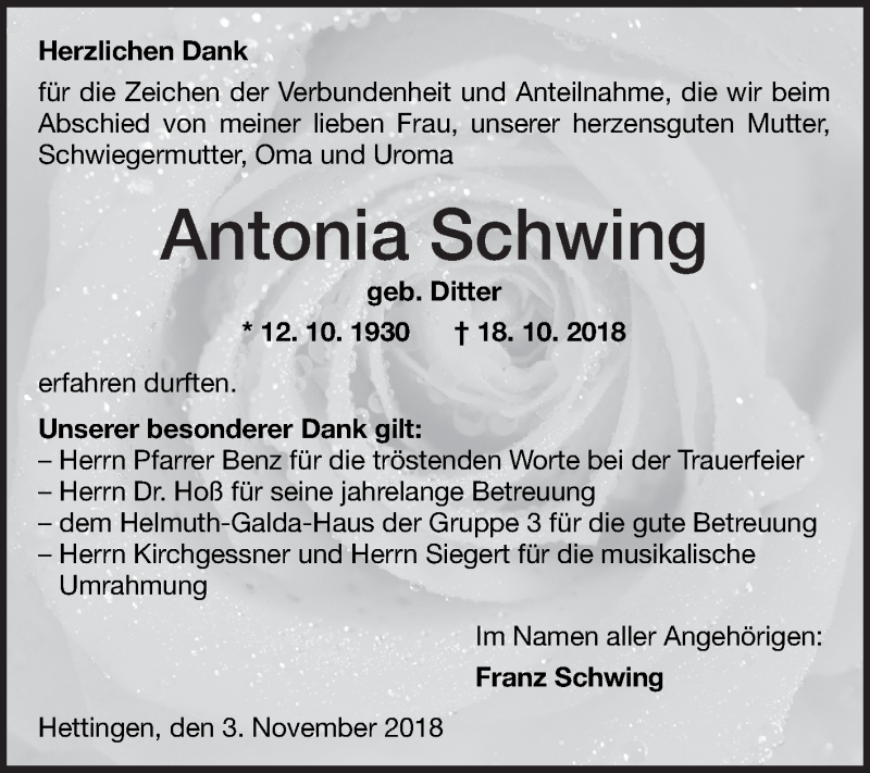  Traueranzeige für Antonia Schwing vom 03.11.2018 aus Fränkische Nachrichten
