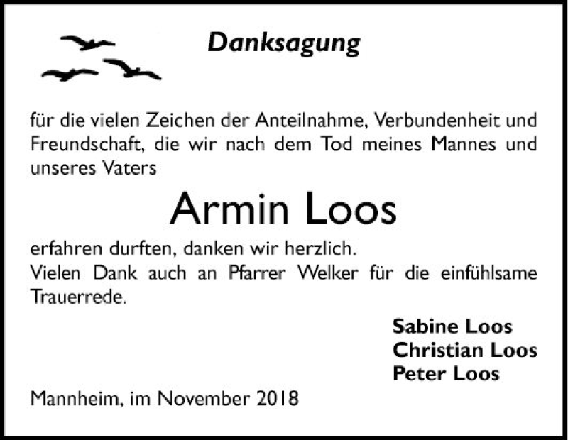  Traueranzeige für Armin Loos vom 24.11.2018 aus Mannheimer Morgen