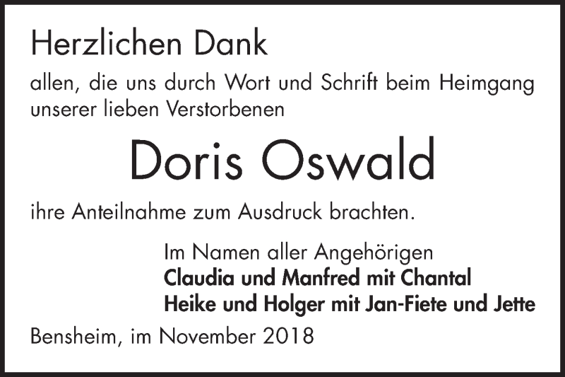  Traueranzeige für Doris Oswald vom 03.11.2018 aus Bergsträßer Anzeiger