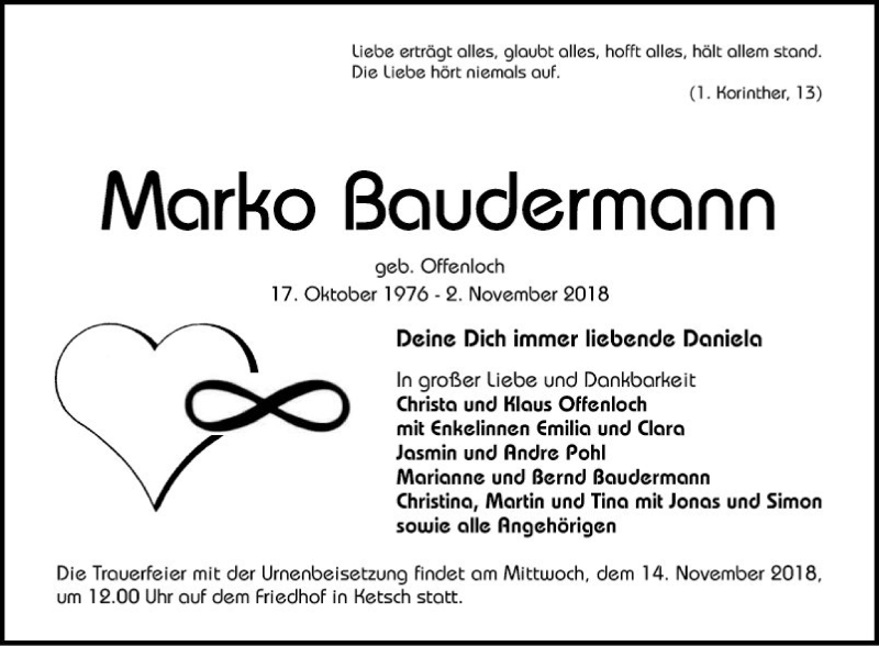  Traueranzeige für Marko Baudermann vom 10.11.2018 aus Mannheimer Morgen
