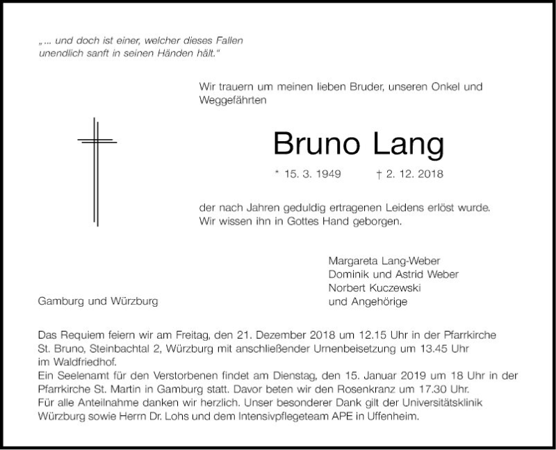  Traueranzeige für Bruno Lang vom 18.12.2018 aus Fränkische Nachrichten