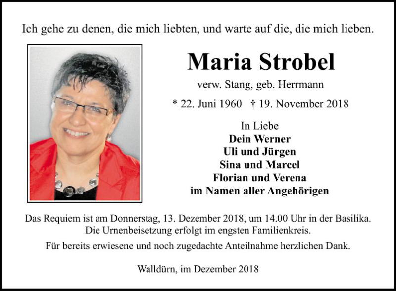  Traueranzeige für Maria Strobel vom 10.12.2018 aus Fränkische Nachrichten