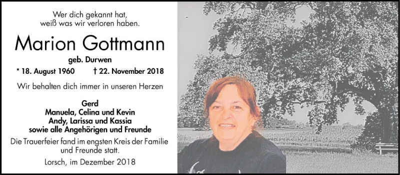  Traueranzeige für Marion Gottmann vom 08.12.2018 aus Bergsträßer Anzeiger