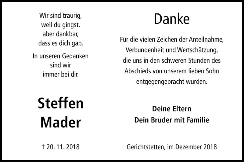  Traueranzeige für Steffen Mader vom 15.12.2018 aus Fränkische Nachrichten