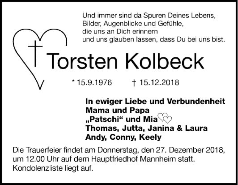  Traueranzeige für Torsten Kolbeck vom 22.12.2018 aus Mannheimer Morgen