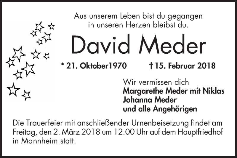  Traueranzeige für David Meder vom 24.02.2018 aus Mannheimer Morgen