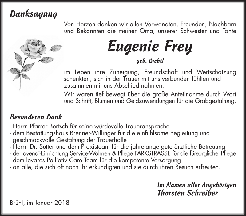  Traueranzeige für Eugenie Frey vom 27.01.2018 aus Mannheimer Morgen / Schwetzinger Zeitung
