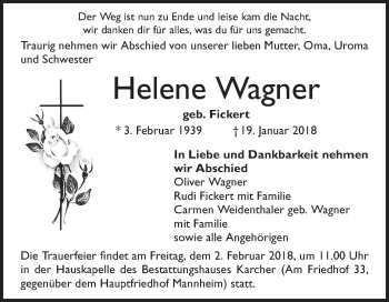 Traueranzeige von Helene Wagner von Mannheimer Morgen / Schwetzinger Zeitung